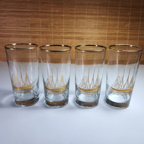 Vintage Schooner Ship Highball Glasses Gold Embossed Mid Century Barware - Picture 2 of 11